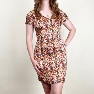 Vintage 100% Silk Kaleidoscope Multicolor Short Sleeve Mini Fitted Sheath Dress